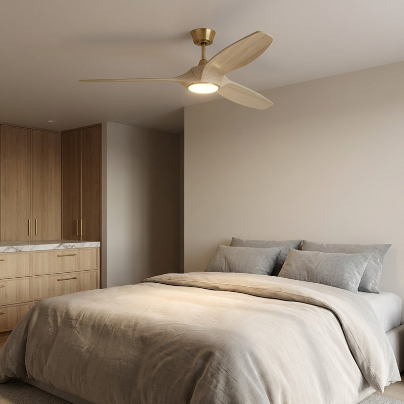 Selen Smart LED Ceiling Fan, Washed White Oak, Burnished Brass, 60" Wide