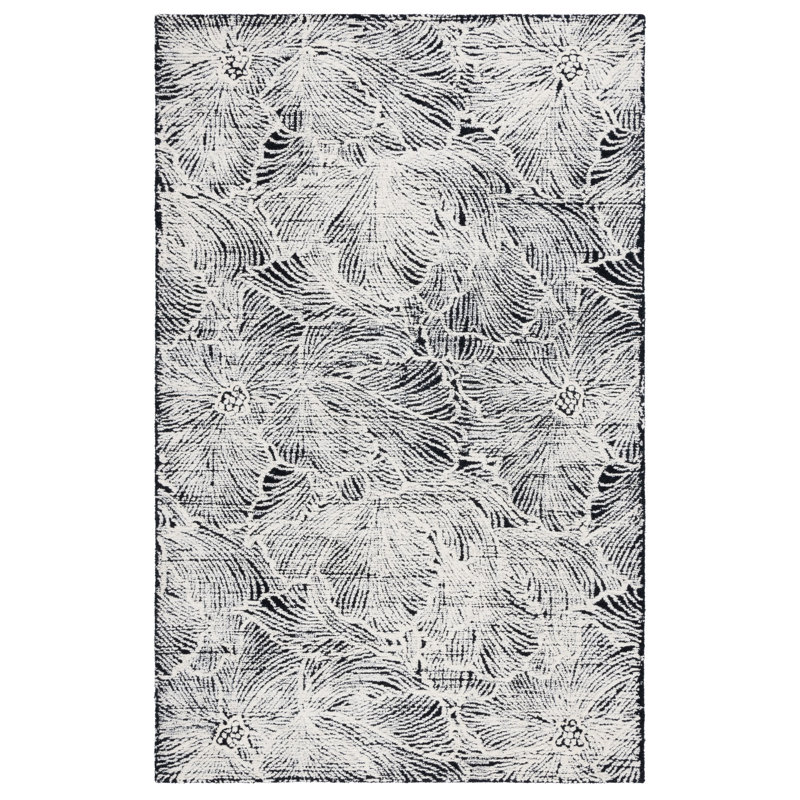 Harisan Hand Tufted Wool Cotton with Latex Floral Rug in Ivory/Black, Rectangle 3' x 5'