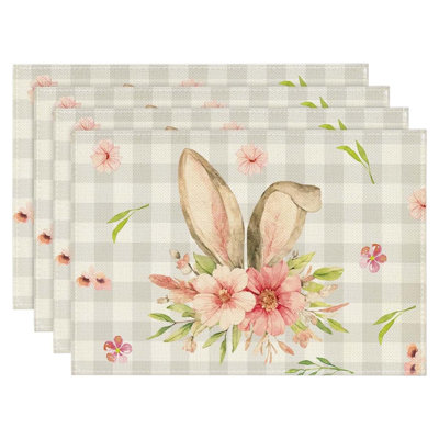 Buffalo Plaid Bunny Rabbit Ears Flower Easter Placemats Spring Summer Washable Table Mats Set of 4
