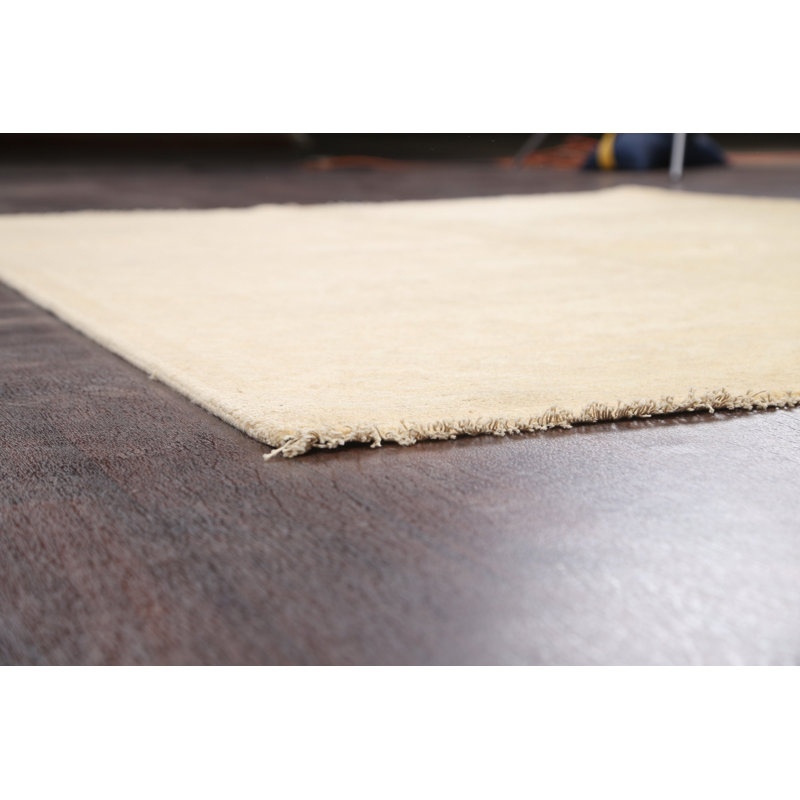 Tapis beige en laine noué à la main de conception unique 5 pi 6 po x 7 pi 10 po