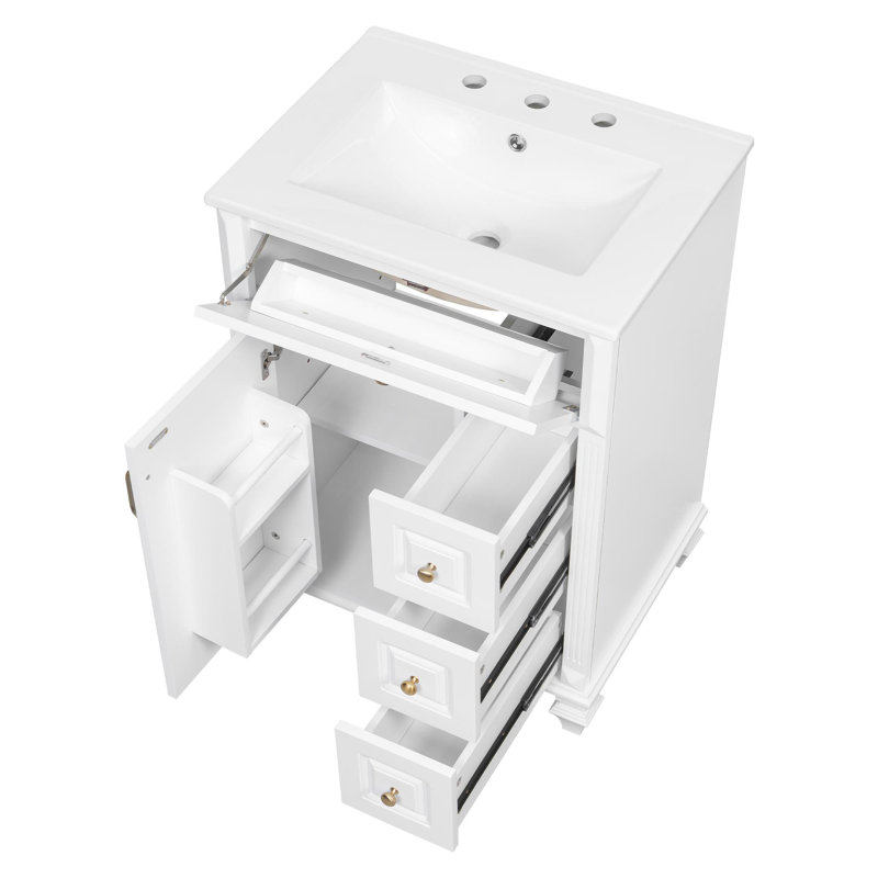 Meuble-lavabo de salle de bain avec lavabo et rangement polyvalent, Blanc, 24