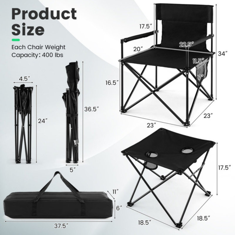 Ensemble de chaises et de table pliantes pour l'extérieur avec sac de transport