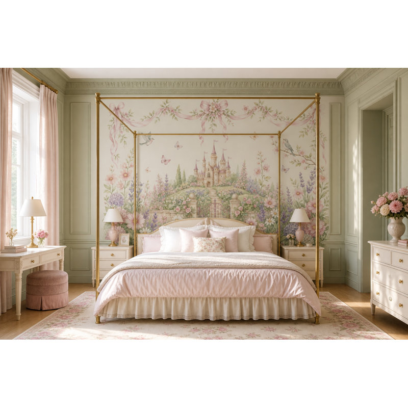 Décoration murale amovible de jardin féerique en forme de château aquarelle, 140 po x 108 po, Non tissé