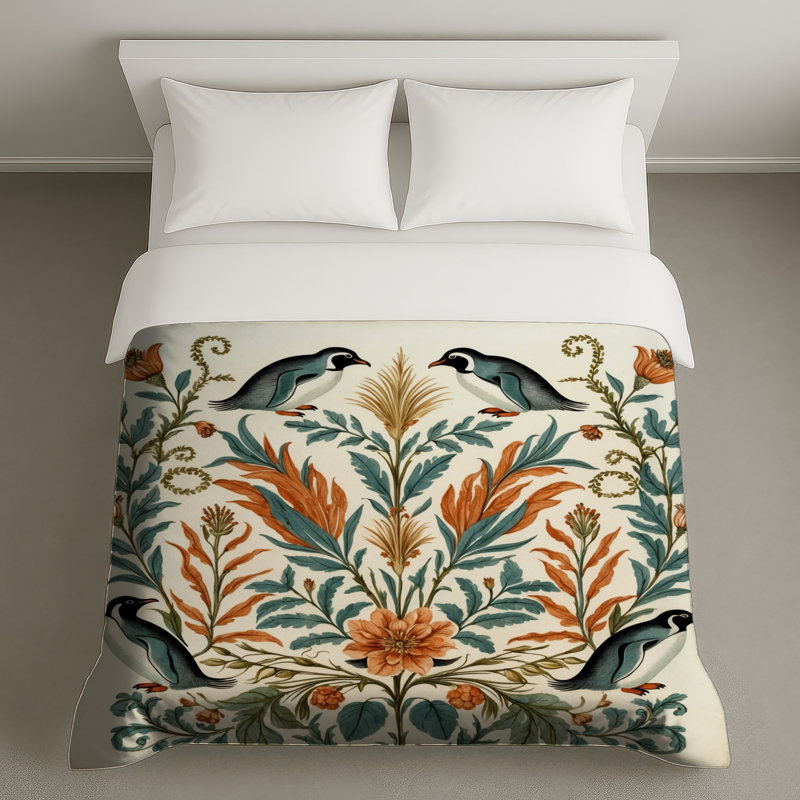 Housses de couette pingouins et motifs floraux, Grand lit