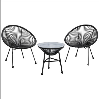 3-Piece Acapulco Wicker Patio Bistro Set With 2 Black Chairs & Glass Table