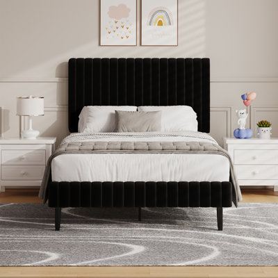 Velvet Upholstered Platform Bed Headboard and footboard with soft-padded vertical channel quilting