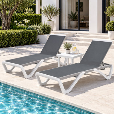 Kozyard Outdoor Chaise Lounge Chair, Full Flat Adjustable Patio Lounger With Aluminum Frame & Resin Legs, Textilene Fabric For Poolside, Backyard & Beach (Gray, 2Chairs With Table)