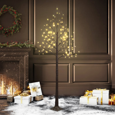 8FT Artificial Brown Twinkling Birch Tree w/ 132 LED Lights, 96 Inch Brown Lighted Twig Tree for Holiday Decor    