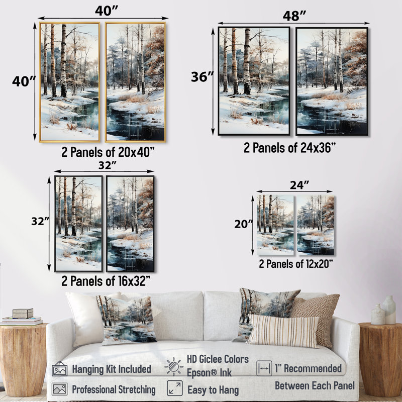 Rivière en forêt, paysage d'hiver - grande forêt, art mural 2 panneaux, H 32 po x l 32 po, Argent argent