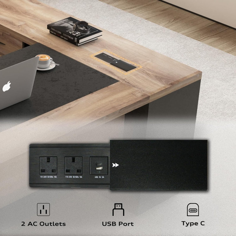 L-Shaped Executive Desk with Sliding Cabinet Doors, Power Outlet Panel and Front Apron, File Storage Shelves, Modern Large Computer Desk for Home Office