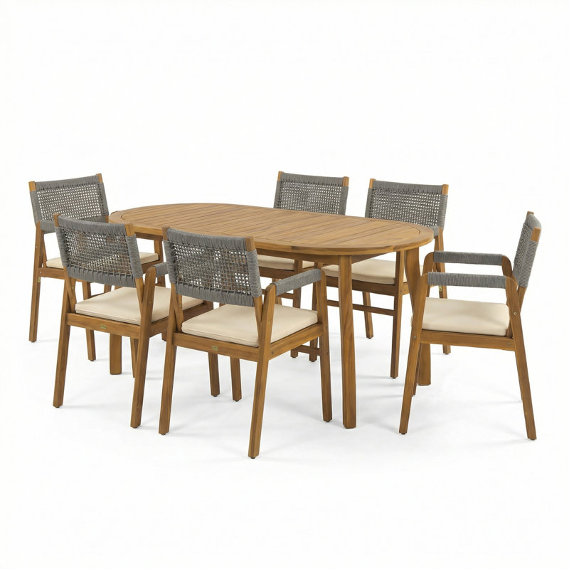 Ensemble de salle à manger 7 pièces en bois d'acacia avec corde tissée et coussins Brendalyn, Gris / teck