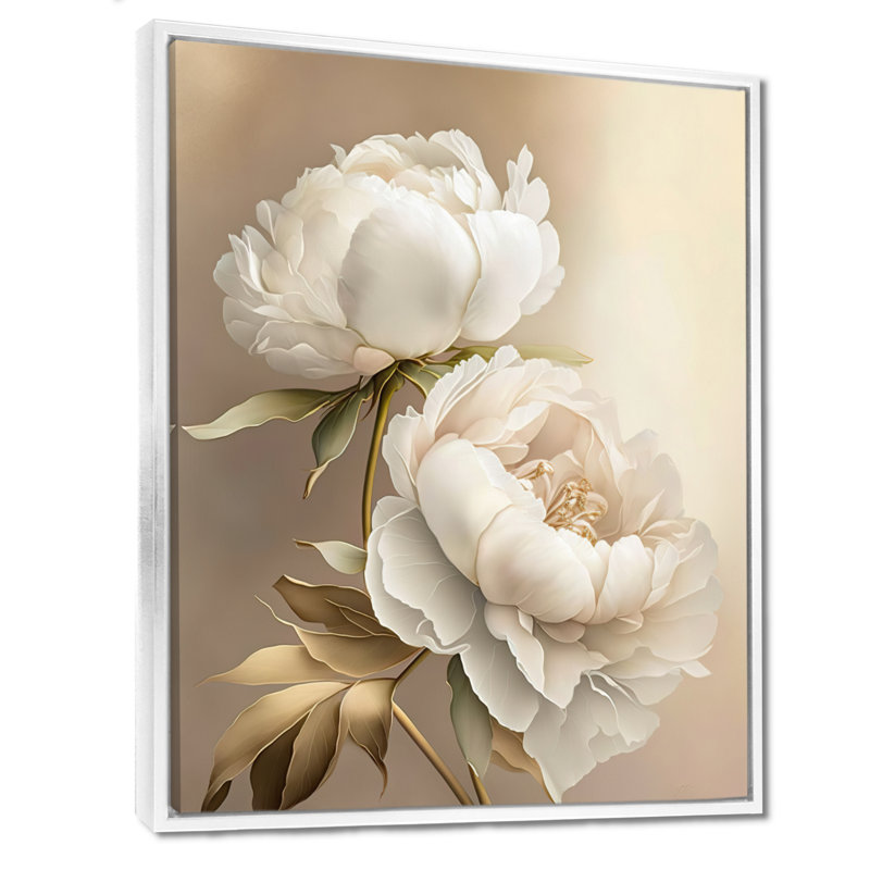 Peony Flower II - Print on Canvas, 32" H x 16" W, White Floater Framed