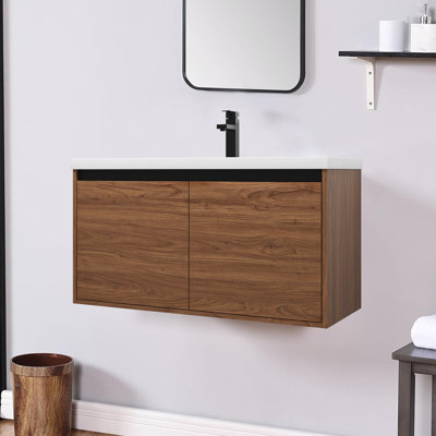 Meuble-lavabo mural rétro en bois avec lavabo en résine Vintage