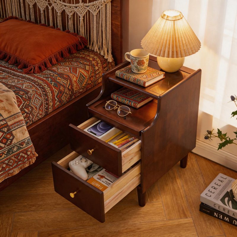 Table de chevet en bois massif avec deux tiroirs et rangement escamotable