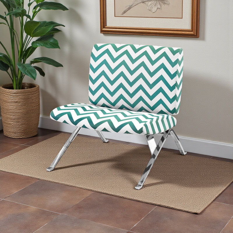 Chaise d'appoint au fini vert et blanc avec pieds en métal chromé, H 29,74 po x l 30,36 po x P 30,25 po