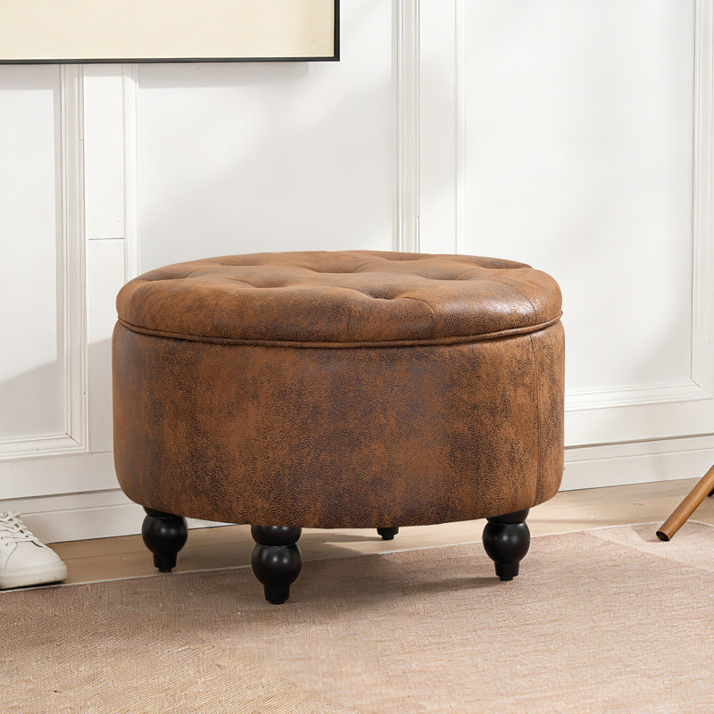 24'' Wide Upholstered Round Storage Ottoman, Brown Faux Leather