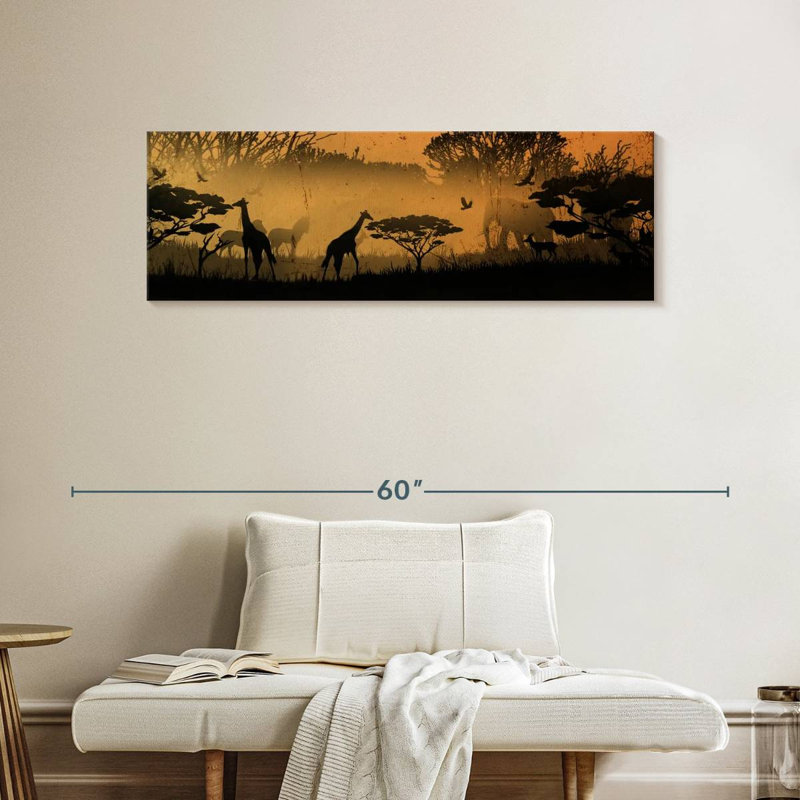 Silhouette d'animaux d'Afrique sur toile, H 15 po x l 45 po x P 1,25 po