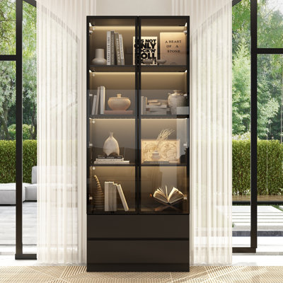 78.7'' H x 31.5'' W Kitchen Pantry Display Cabinet With Glass Doors And LED Lights And 2-Drawer -  Ebern Designs, 9FC5A8034BF34F3B894F40B1F7B7C447