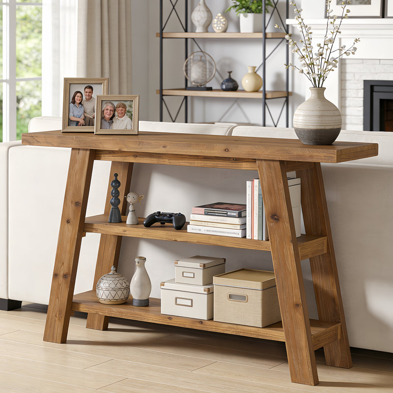 47.24" Small Console Table, Farmhouse Solid Wood Entryway Table With 3-Tier Storage Shelves For Living Room, Brown