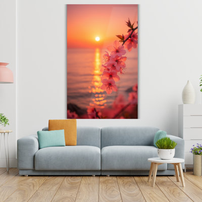 Cherry Blossom Sunset Tempered Glass Wall Art