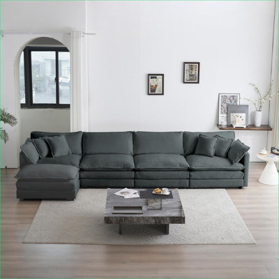 Sectional Sofas | 5-Seater U-Shaped Modular Convertible for Living Room Home Theater | Gray | Chenille