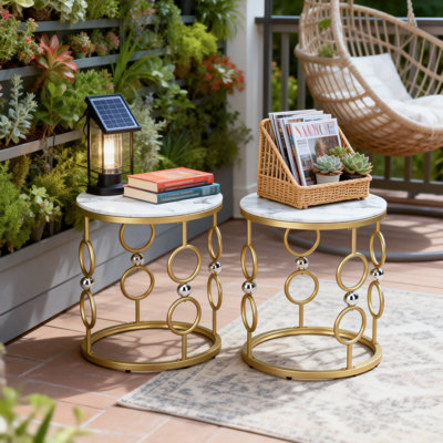 Side Table Set of 2, Living Room End Table with Marble Table Top & Metal Frame