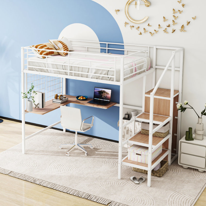 White Full Metal Loft Frame With Wardrobe & Grid Display, Full, White