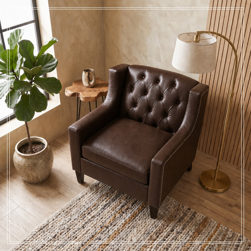 Fauteuil à oreilles avec garniture cloutée et pieds en bois, Marron foncé