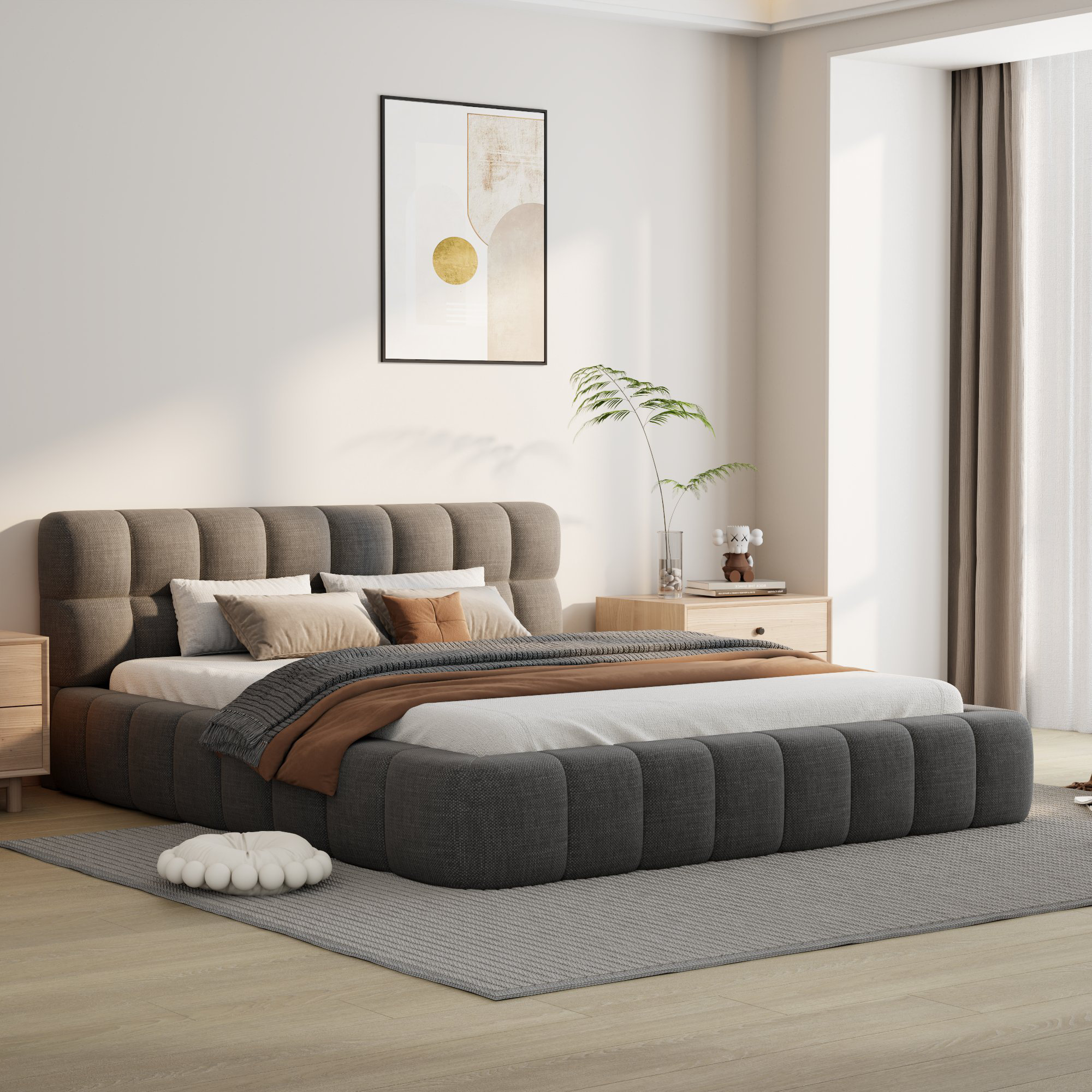 Ivy Bronx Katence Elegant Linen Queen Platform Bed with Upholstered