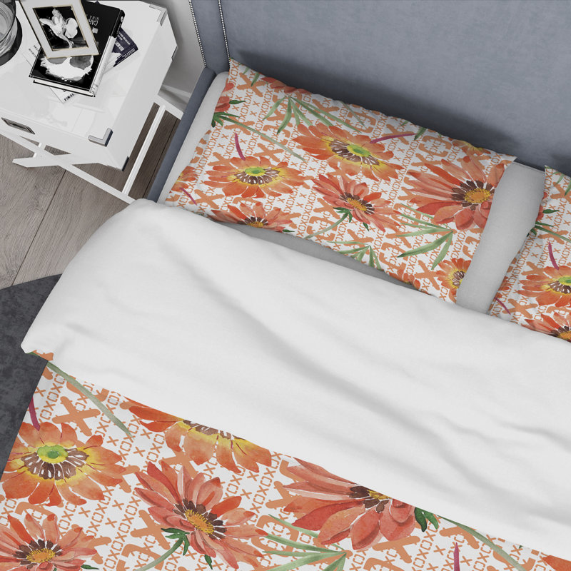 Ensemble de housse de couette rétro à style mid-century floral botanique, Housse de couette très grand + 2 taies décoratives
