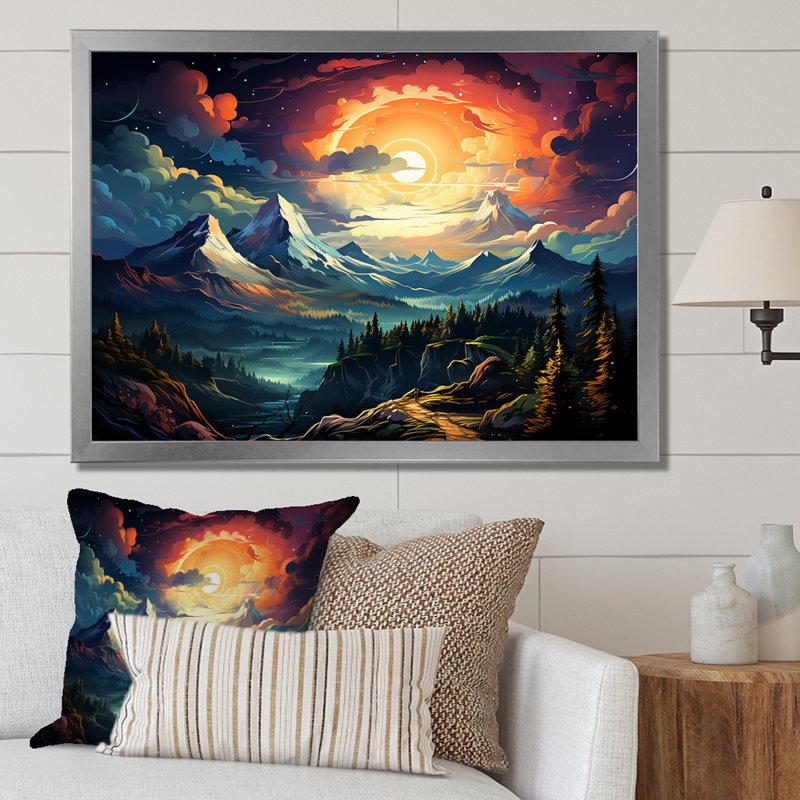 «Dreamy Mountain Scenery At Night II», art mural paysage d'hiver, Cadre de coin argenté fermé, H 24 po x l 32 po x P 1 po