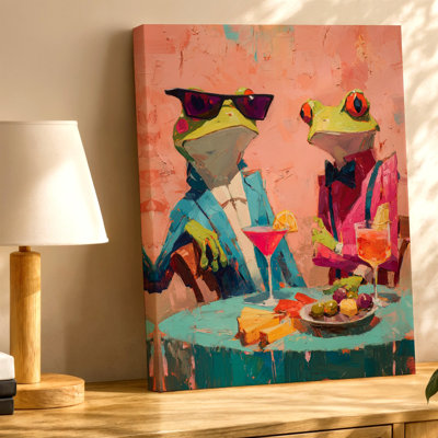 Funny Frog Couple Painting Cocktail Lounge Colorful Canvas Wall Art Print, Coordinated Color Funny Poster Artwork For Living Room Decor, Gallery Wall Accent, Modern Home Decor