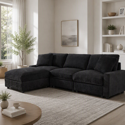 103 Inch L-Shaped Modular Sectional Sofa Set For Living Room, 3-Seater Comfy Cloud Couch With Movable Ottoman & 3 Storage, Polyester Fabric, Black