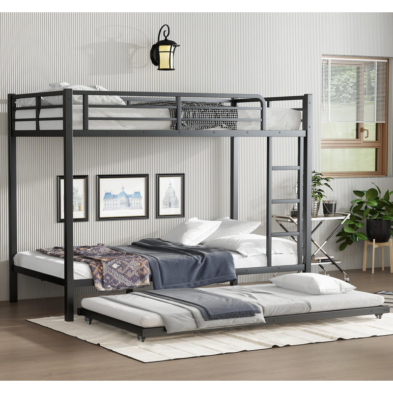 Metal Bunk Bed with Trundle, Black, Twin XL Over Twin XL