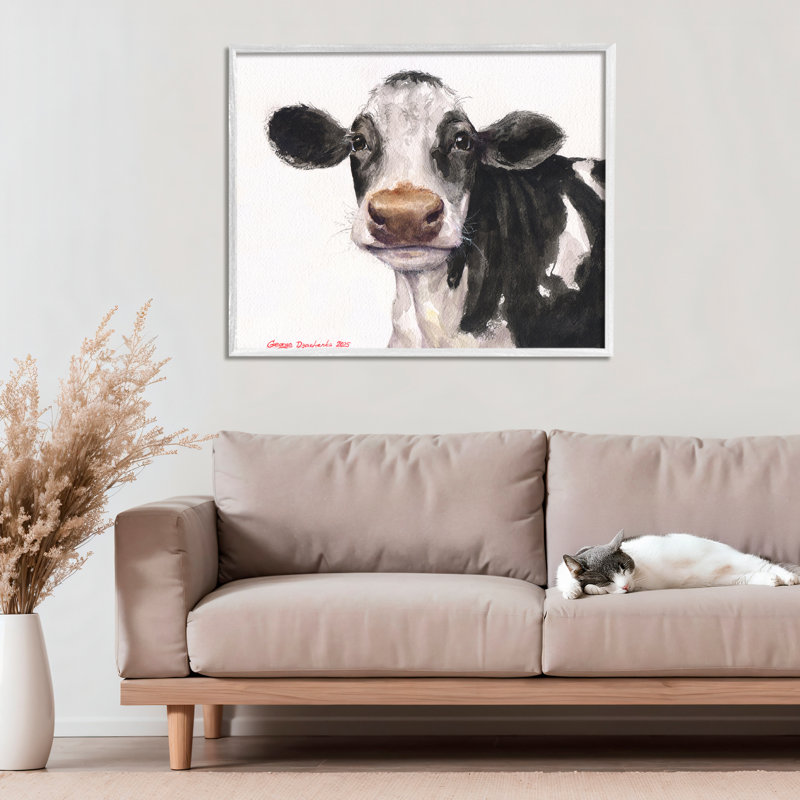 Vache mignonne avec taches encadrées, dessin de George Dyachenko, H 24 po x l 30 po