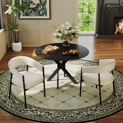 Ensemble de table de salle à manger ronde en bois avec fauteuil, table de cuisine avec base à piédestal et chaises en chenille pour petits espaces