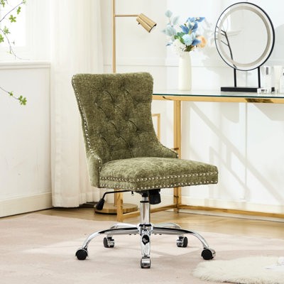 Chaise de bureau moderne rembourrée en chenille, réglable, pivotante, base en métal, assise large et profonde, boutons tirés à la main à l'arrière, éponge rembourrée réglable
