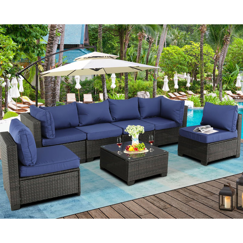 7 Piece Modular Patio Conversation Sets, Sectional Seating Group with Cushions, Brown, Blue