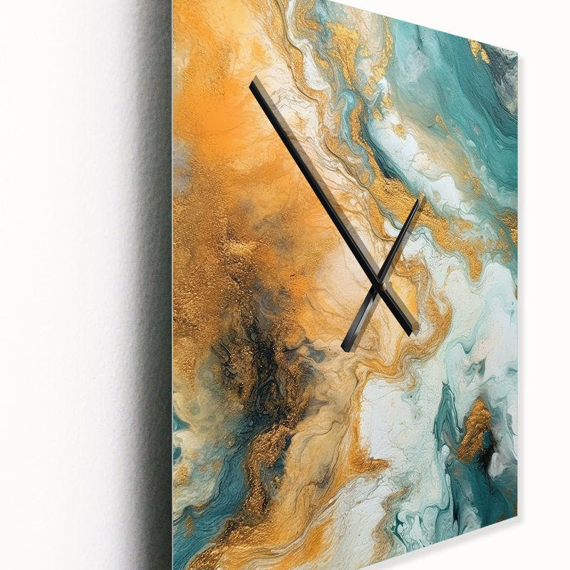 Golden Ocean Waves Turquoise Abstract II - Peinture abstraite horloge murale surdimensionnée, Grand