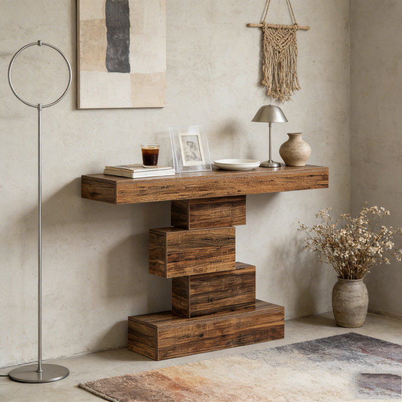 Table d'appoint en bois avec base géométrique, Brun rustique