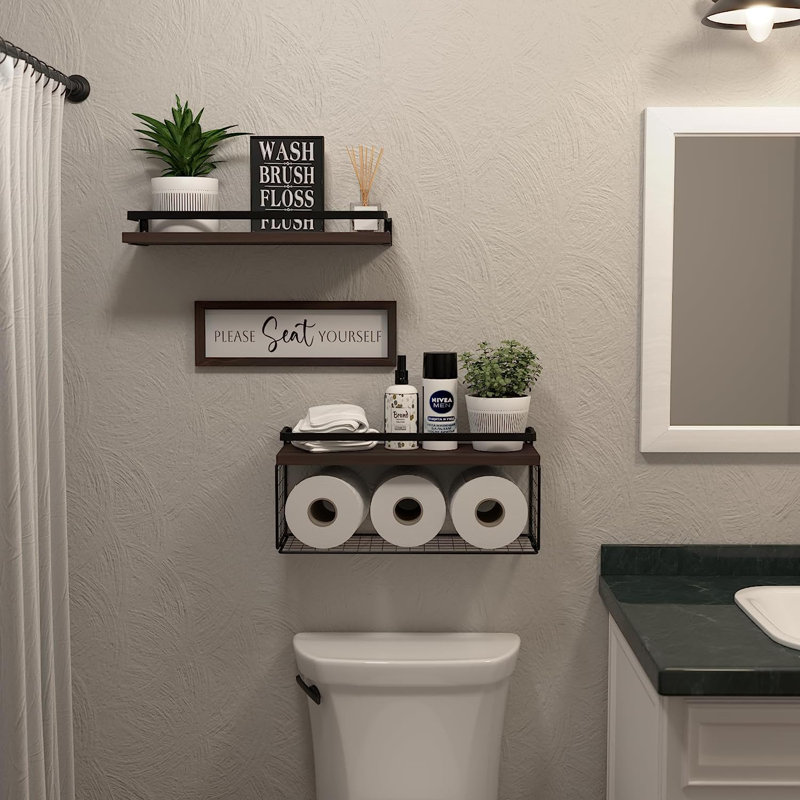 Tablettes flottantes avec décoration murale, tablettes de salle de bain au-dessus de la toilette avec panier de rangement en fil métallique, tablettes murales en bois avec garde-corps en métal