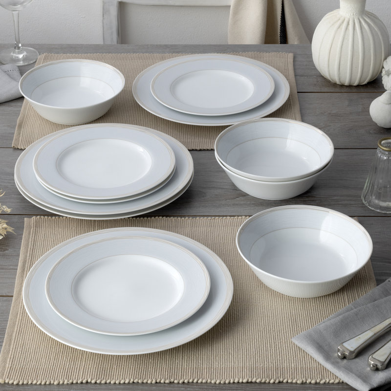 White Ceramic Soup Bowls with Gold Trim, Set of Four