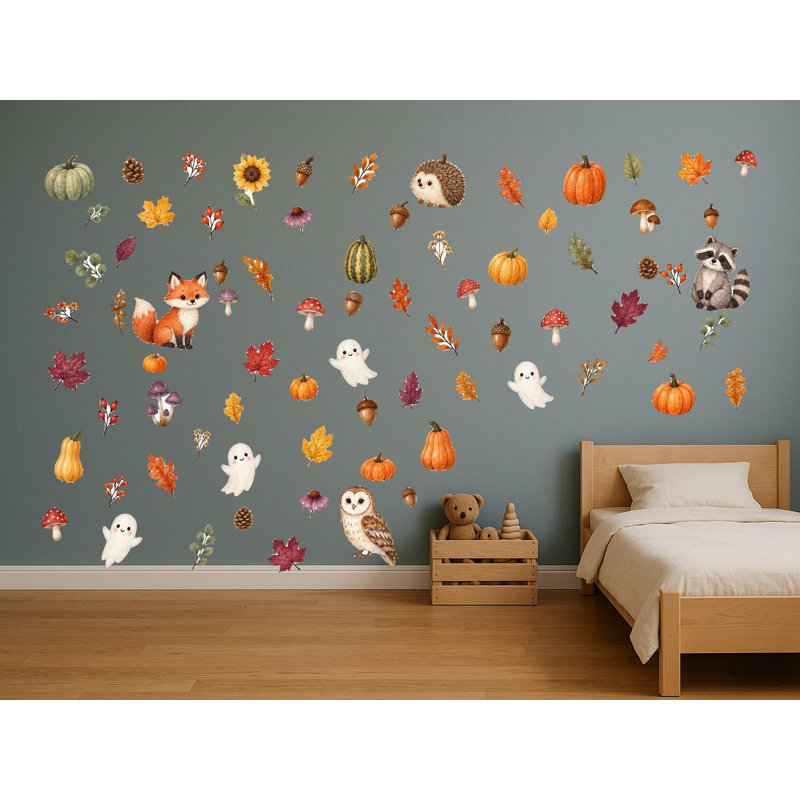 Autumn Woodland Wall Decals, Set of 76 Peel and Stick Nursery Wall Stickers, Satin Finish Removable Kids Room Wall Art, 20"W x 20"H (50 x 50 cm)