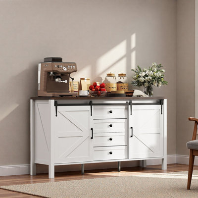 Buffet 59 po, buffet de ferme avec plateau épais, 2 portes de grange, 4 tiroirs et 2 tablettes réglables