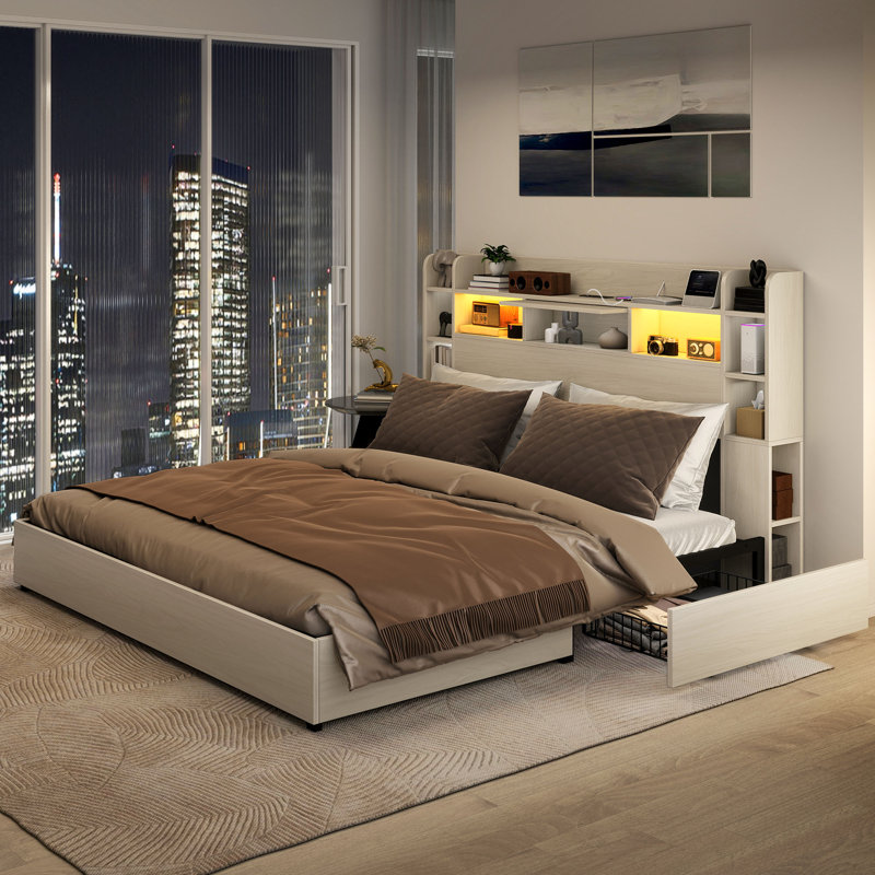 Bookcase LED Headboard Bed with 4 Underbed Drawers & Charging Hub