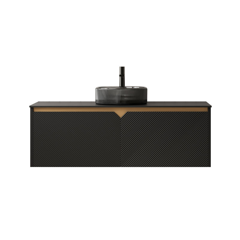 Virella Modern Luxe Floating Plywood Bathroom Vanity with Glass Vessel Basin, 48", Black, Black
