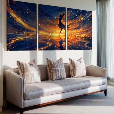 3 Pieces Exculisive Three Piece Blue and Orange Ballerina Sunset Wall Art Fantasy Canvas Set, Canvas Decor for Living Room, Bedroom and Office