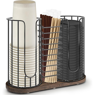 Distributeur de tasses à café à 3 compartiments de 530 ml (18 oz) avec base en bois, range-gobelets jetables et couvercles inclus – Idéal pour ranger les gobelets en papier, les pailles et optimiser le rangement dans vos armoires de cuisine.
