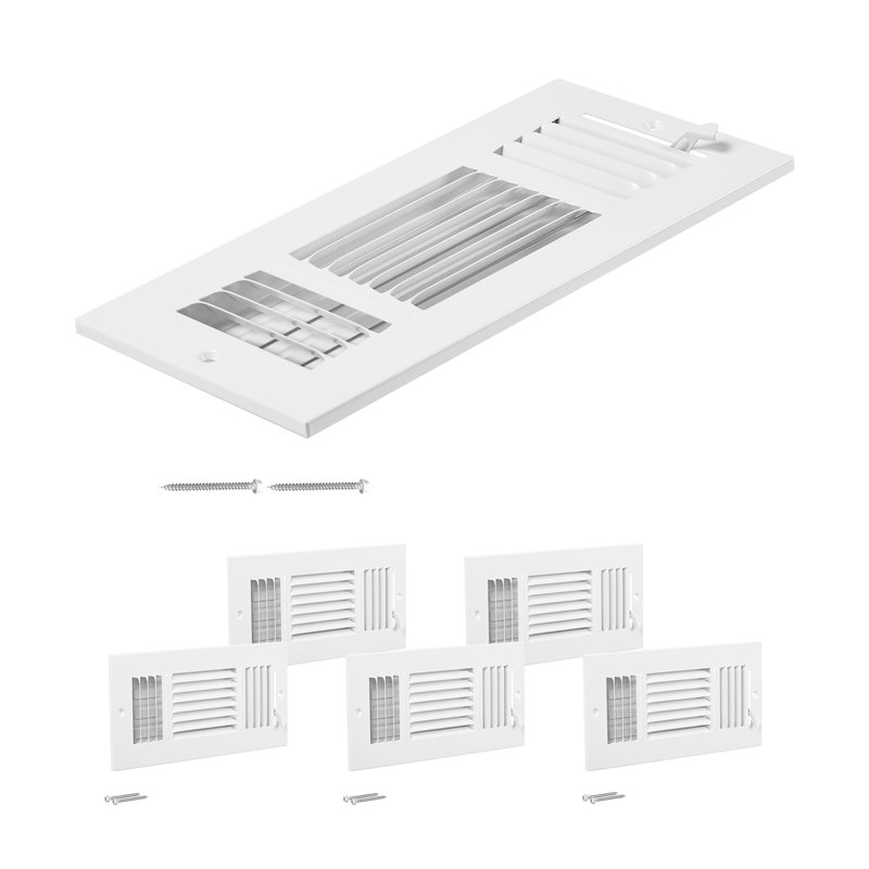Paquet de 6, 4 grilles de ventilation CVC en fer avec déflecteur à 3 voies et amortisseur, évents blancs antirouille pour installation murale ou au plafond