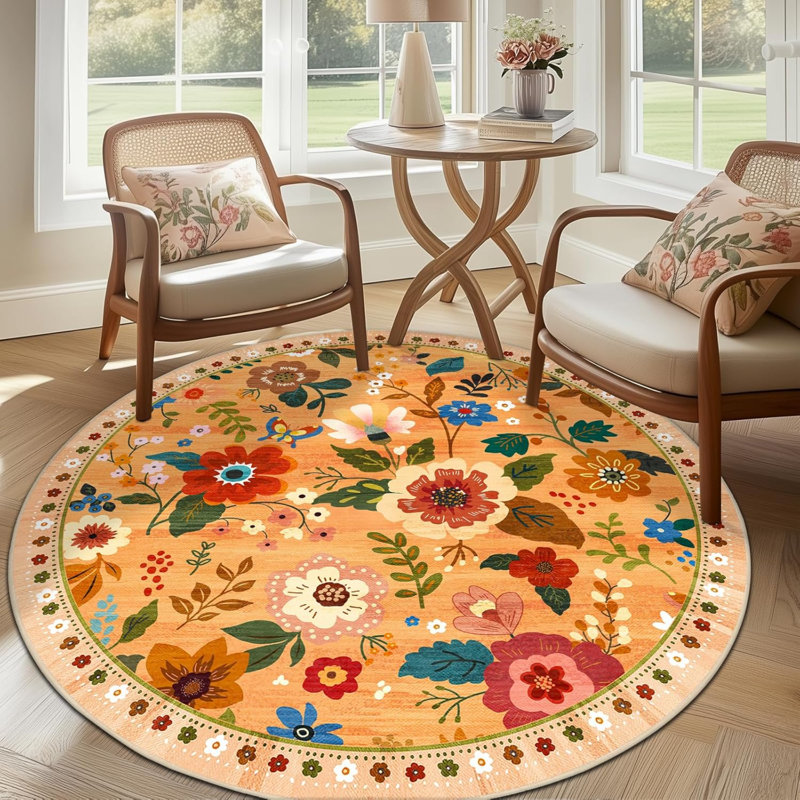 Motif floral de 6 pi avec motif lavable Boho, tapis mignon, antidérapant, fleur à poils courts pour le salon, la chambre, la cuisine, le bureau, la ferme, jaune et orange